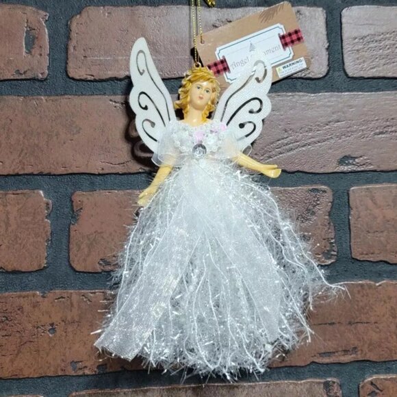 Angel Ornament ~ Holiday Decorations ~ White Tinsel, Beads, Jewel ~ 8 Inch - Picture 3 of 3